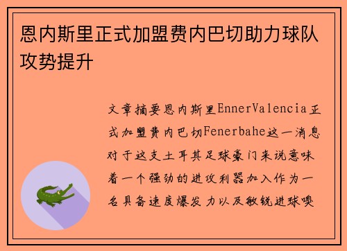 恩内斯里正式加盟费内巴切助力球队攻势提升