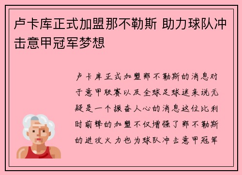 卢卡库正式加盟那不勒斯 助力球队冲击意甲冠军梦想 卢卡库正式加盟那不勒斯 助力球队冲击意甲冠军梦想