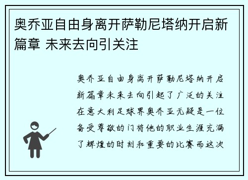 奥乔亚自由身离开萨勒尼塔纳开启新篇章 未来去向引关注 奥乔亚自由身离开萨勒尼塔纳开启新篇章 未来去向引关注