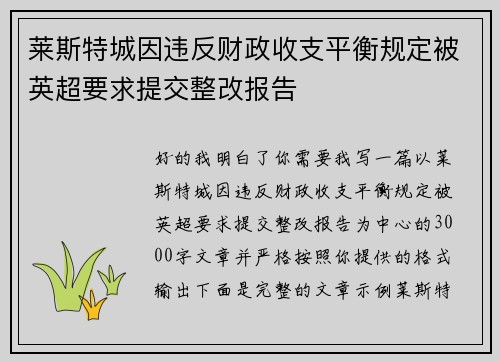 莱斯特城因违反财政收支平衡规定被英超要求提交整改报告